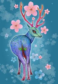 Colored deer.  Pencil drawing with flowers. by Bianca Wisseloo