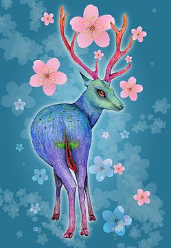 Farbige Hirsche.  Bleistiftzeichnung mit Blumen. von Bianca Wisseloo