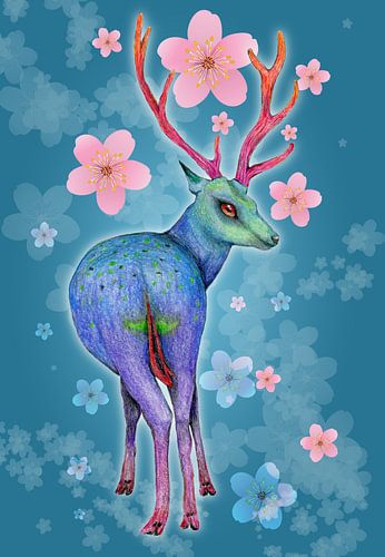 Colored deer.  Pencil drawing with flowers.