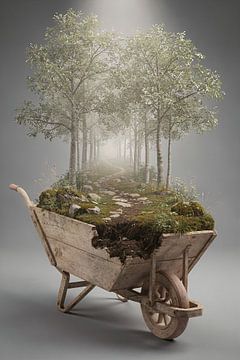 Waldlandschaft in einer Schubkarre – Holzschubkarre mit Wald und Wanderweg von Kleurenrijk
