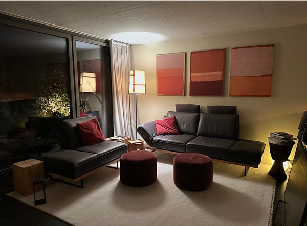 Customer photo: Modern abstract expressionism. Pink and yellow on orange. by Dina Dankers, on ArtFrame