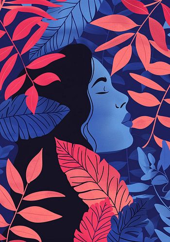 Blaue Frau in rosa Blättern