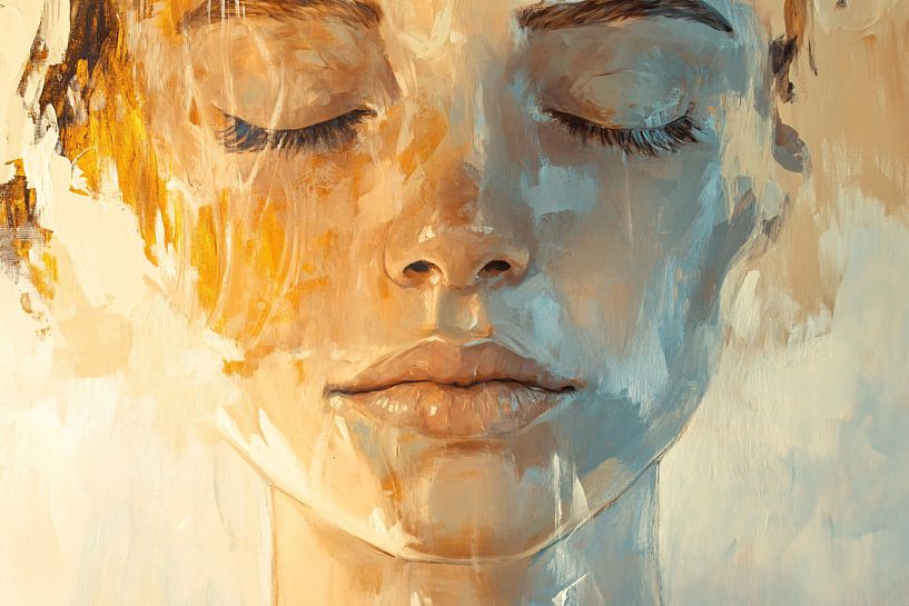 Abstract portret schilderij met zachte kleuren van Art & Soul Creations