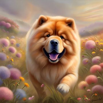 Chow Chow spelend in een bloemenveld van Johanna's Art