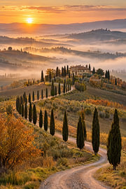 Tuscany in the autumn mist – an avenue of cypress trees