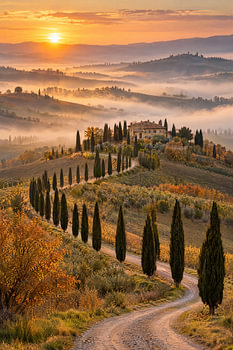 La Toscane dans la brume d'automne – Allée de cyprès