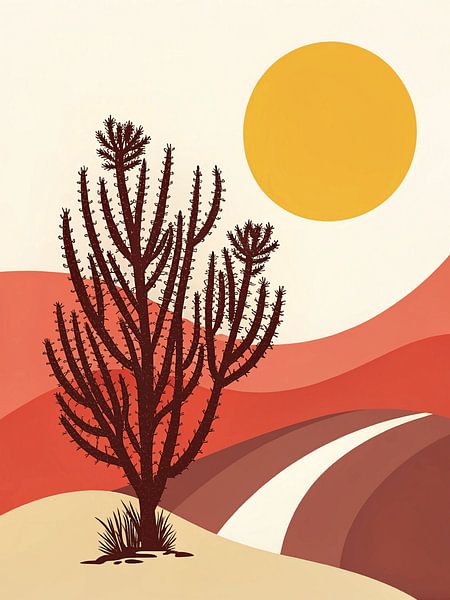 Sérénité du désert ensoleillé : Paysage minimaliste de Ouerglan avec cactus cholla et chemin sinueux par Artistic