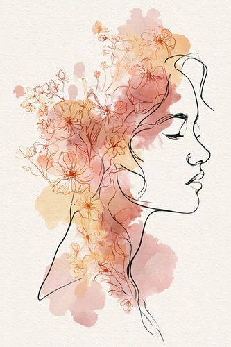 Bloeiende Gedachten – Elegant Vrouwelijk Portret in Aquarel
