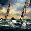 Olieverfschilderij van een dynamische catamaranrace van Jan Keteleer