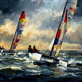 Olieverfschilderij van een dynamische catamaranrace van Jan Keteleer