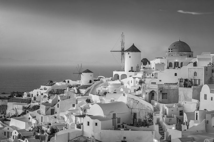 Windmills on Santorini in Greece in black and white. by Manfred Voss, Black-White Photography