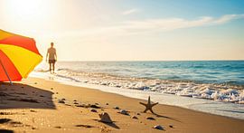 Scène de plage avec une personne, un parasol, une étoile de mer et des coquillages. sur Markus Gann