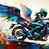 Motarde et ange de la route - Entre les ailes de la couleur et la force de la vitesse : une ode à la liberté, au courage et à l'extase picturale sur AidasignArt