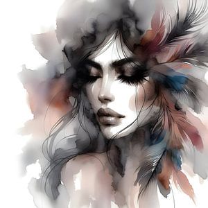 Portrait de femme avec plumes