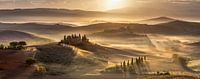 Wijds Toscaans landschap met mist bij zonsopgang