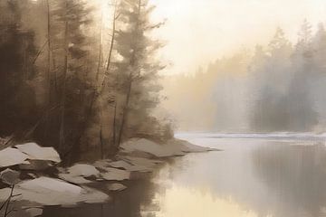 Beige Painting Serene Solitude | Horizon by Blikvanger Schilderijen