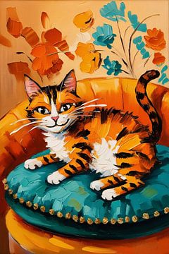 Colourful cat on pillow by Art & Soul Creations