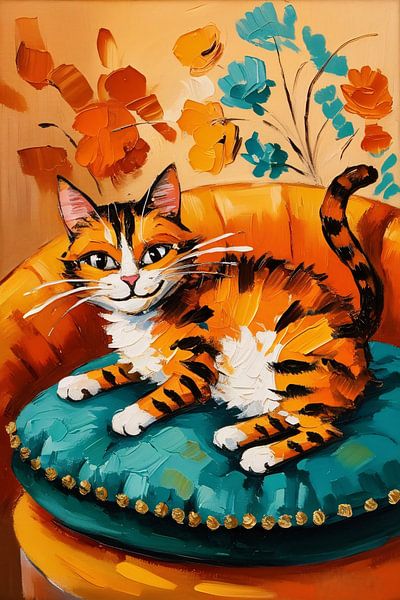 Kleurrijke kat op kussen van Art & Soul Creations