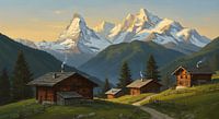 Traditional Oil Painting of Alpine Village and Snow-Capped Mountains