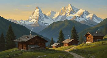 Peinture à l'huile traditionnelle représentant un village alpin et des montagnes enneigées
