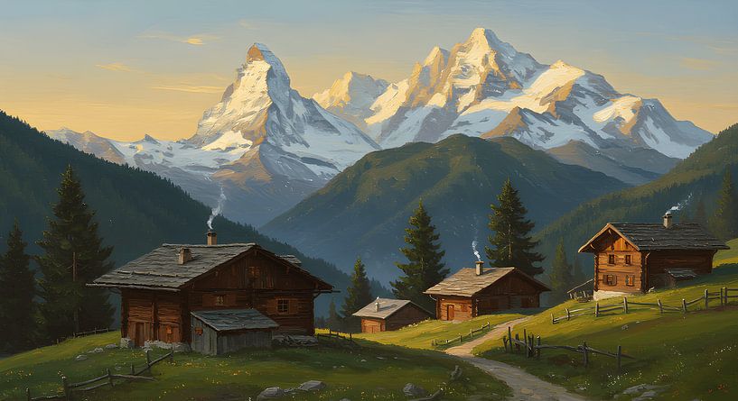 Traditional Oil Painting of Alpine Village and Snow-Capped Mountains by Zala Creative