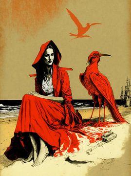 surrealistische vrouw rode cape rode vogel strand zand mystiek van gm_designs