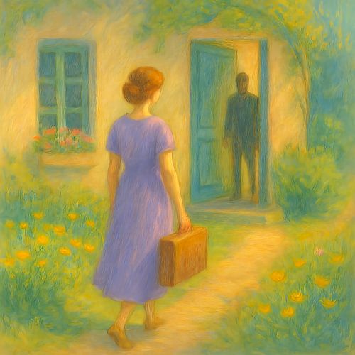 De Aankomst. Vrouw met koffer. Over terugkeren, aarzelen en ontvangen worden