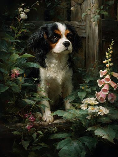 Cavalier King Charles-spaniël in de bloementuin