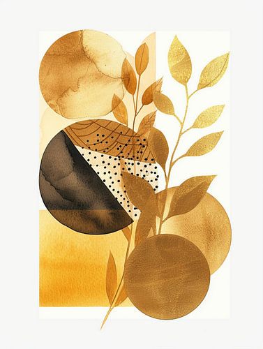 Abstract Geometric Botanical Illustration in Earthy Tones with Gold Accents