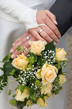 Hände eines Hochzeitspaares auf dem Brautstrauß von Jörg B. Schubert