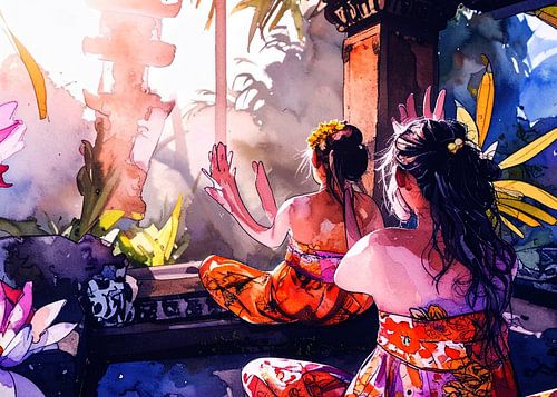 Een traditionele aquarelillustratie in de Balinese cultuur