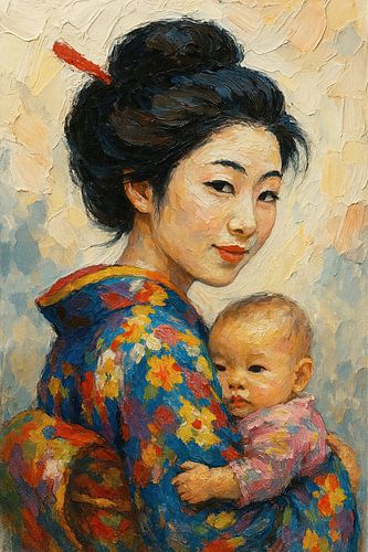 Moederliefde in kimono (portret schilderij moeder kind Japan liefde kleurrijk)