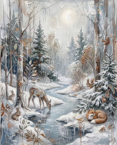 Sereen winterlandschap met bosdieren