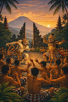 Heilige Balinese rituele dans bij zonsondergang