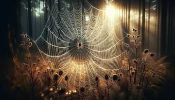 Ochtendgloed in het spinnenweb van het bos van artefacti