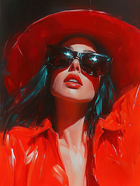 Crimson Fusion – Modernes High-Fashion-Porträt einer Frau mit Sonnenbrille und knallroter Jacke