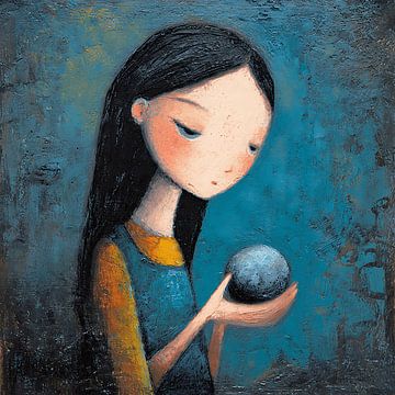 Trauriges Mädchen mit einem winzigen leuchtenden Planeten von Aden Pink Studio