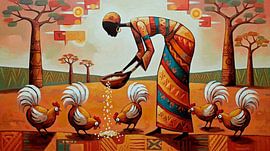 Eine afrikanische Frau füttert die Hühner
