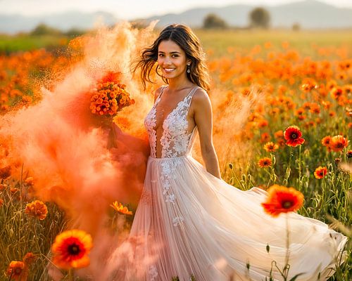 bruid bedekt met rood poeder in een papaverveld