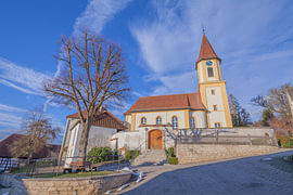 Church Complex with Steeple and Adjacent Building, Winter Day by de-nue-pic