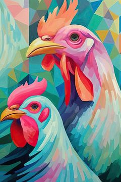 Schilderij Abstracte Kippen | Gekleurde Verenpraat van ARTEO Schilderijen