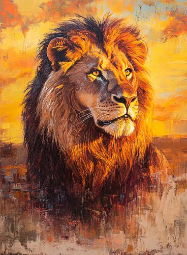 Majestueuze leeuw bij zonsondergang