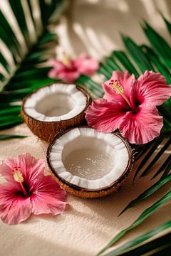 Coconuts and hibiscus flowers - tropical freshness by Poster Art Shop