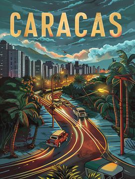 Dämmerung in Caracas: Palmengesäumte Straßen Retro-Kunstdruck von Travel Shop