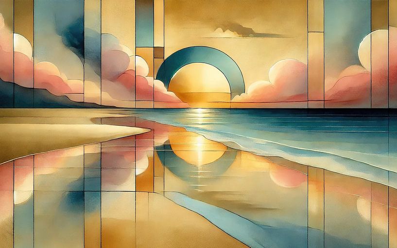 Golden Sunset Vista im Art Deco von Chromatic Fusion Studio