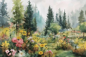 Blooming forest clearing in the morning mist by NJ Midnight Studio