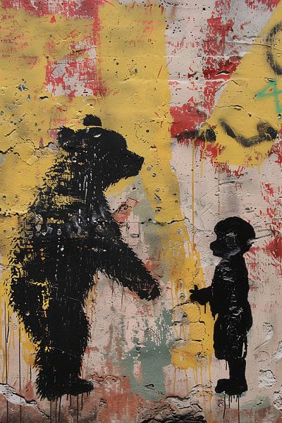 Schwarz-weiße Straßenkunst Bär und Kind von Imperial Art House