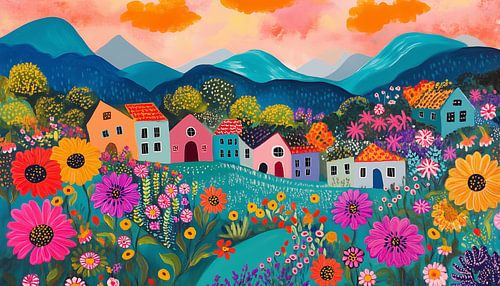 Vrolijke en kleurrijke dorp panorama