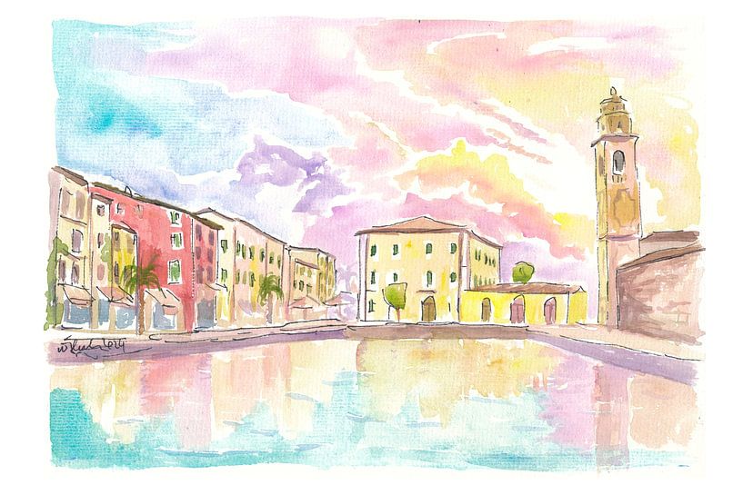 View of Porto Vecchio Lazise with clouds and sun by Markus Bleichner