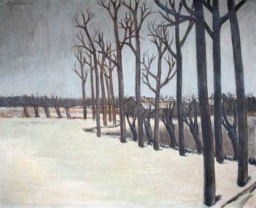 Winters sneeuwlandschap met bomen en boerderijen. Olieverf op houten bord van Galerie Ringoot